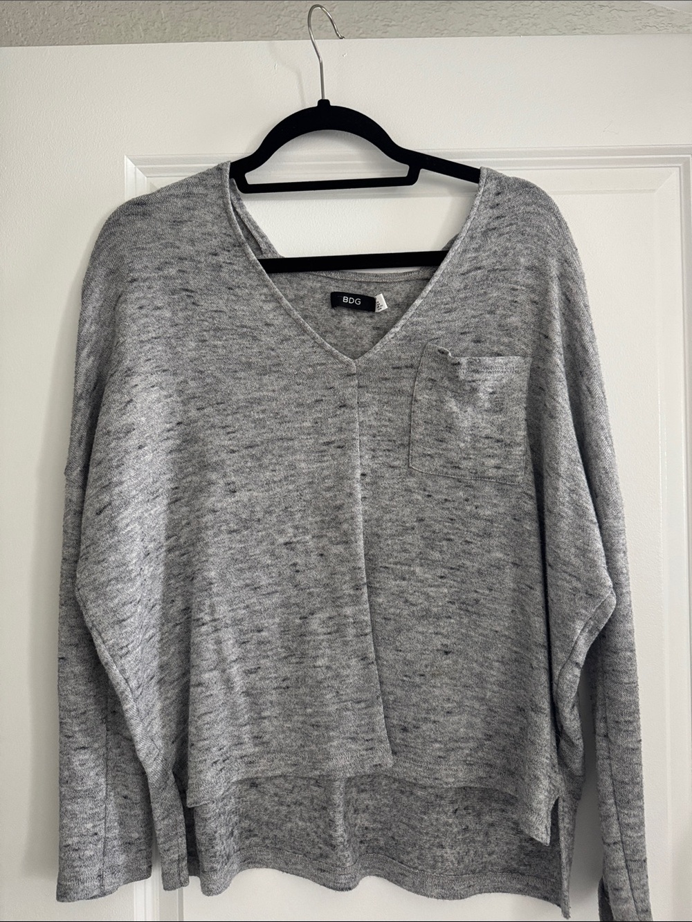 BDG Gray Marled V-Neck Sweater with Chest Pocket